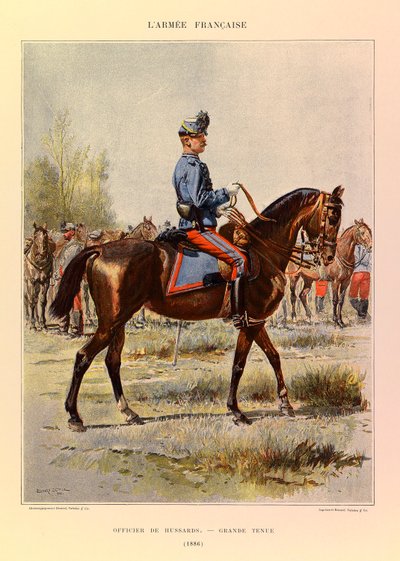 ジュール・リシャール大尉のフランス軍の種類と軍服、エドゥアール・ディテール（1848-1912）の絵。1886年に大礼服を着たユサール軍の将校、個人蔵 作： Jean Baptiste Edouard Detaille