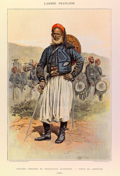 ジュール・リシャール大尉のフランス軍の種類と軍服、エドゥアール・ディテール（1848-1912）の図解。1886年、野戦服を着たアルジェリア・チュニオールのネイティブ・オフィサー、プライベート・コレクション 作： Jean Baptiste Edouard Detaille