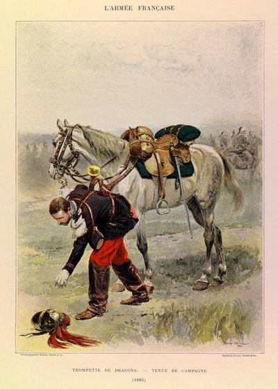 ジュール・リシャール大尉のフランス軍の種類と軍服、エドゥアール・ディテール（1848-1912）が描いたもの。1885年のカントリードレスを着たドラゴンのトランペット、個人蔵 作： Jean Baptiste Edouard Detaille