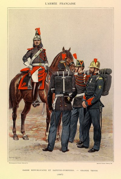 ジュール・リシャール大尉のフランス軍の種類と制服、エドゥアール・ディテール（1848-1912）が描いたもの。1887年の共和国親衛隊と消防隊員の大礼服、個人蔵 作： Jean Baptiste Edouard Detaille