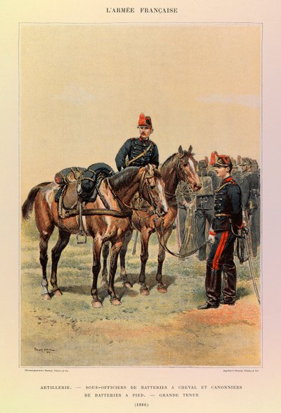 Edouard Detaille（1848-1912）が描いたジュール・リシャール大尉のフランス軍の種類と軍服。砲兵隊。馬に乗った砲台の下士官と足に乗った砲台の砲手（1886年）、個人蔵 作： Jean Baptiste Edouard Detaille