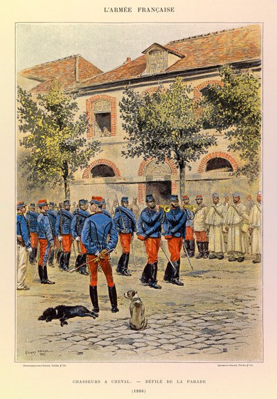 ジュール・リシャール大尉のフランス軍の種類と軍服、エドゥアール・ディテール（1848-1912）が描いた「馬上の狩人」、「Defile de la parade en 1886」、コレクション・パルティアル 作： Jean Baptiste Edouard Detaille