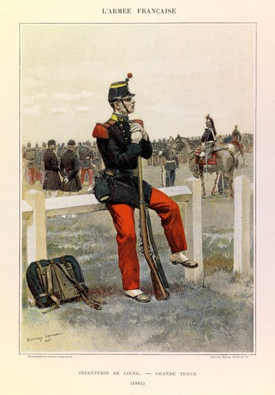 ジュール・リシャール大尉のフランス軍の種類と軍服、エドゥアール・ディテール（1848-1912）のイラスト。1885年のグランドスタイルの歩兵隊、コレクション・パーシャル 作： Jean Baptiste Edouard Detaille