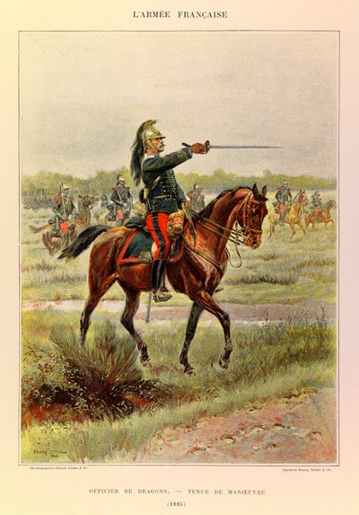 Edouard Detaille（1848-1912）が描いた、ジュール・リシャール大尉のフランス軍の種類と制服。1885年、マニューバー・スーツを着たドラゴンズの将校、プライベート・コレクション 作： Jean Baptiste Edouard Detaille