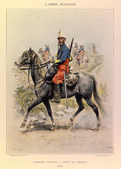 Edouard Detaille（1848-1912）が描いたジュール・リシャール大尉のフランス軍の種類と軍服：1886年のカントリードレスを着たアフリカの狩猟者たち、個人蔵 作： Jean Baptiste Edouard Detaille