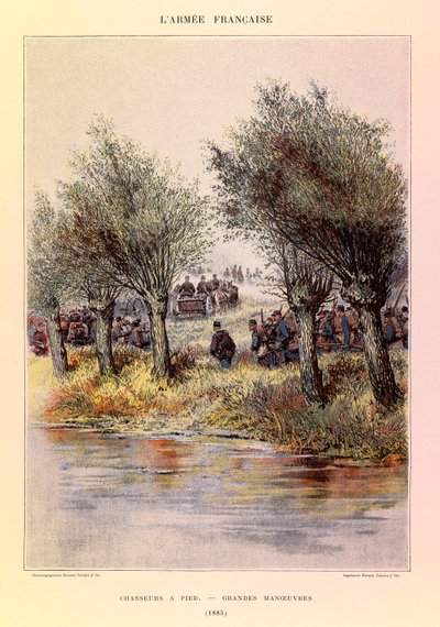 ジュール・リシャール大尉のフランス軍の種類と軍服、エドゥアール・ディテール（1848-1912）の図解：徒歩の狩人、1885年の大演習、プライベート・コレクション 作： Jean Baptiste Edouard Detaille