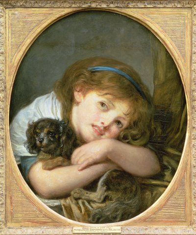 ペットの犬を連れた少女（油彩・パネル 作： Jean Baptiste Greuze