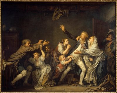 家を出ざるを得なくなった息子を否定する父親。ジャン・バティスト・グルーズ（1725-1805）による絵画 1777年 日1,30 x 1,62 m 作： Jean Baptiste Greuze