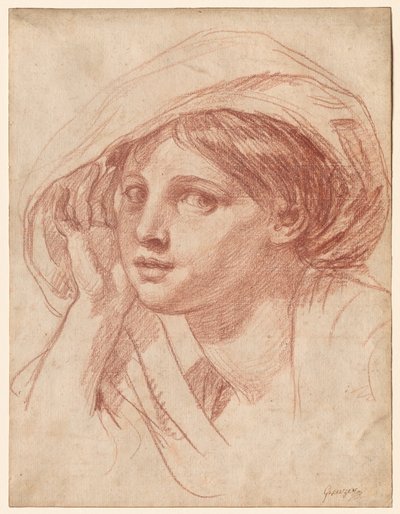 若い女性の頭部 1785年頃 （赤チョーク、白化粧紙） 作： Jean Baptiste Greuze