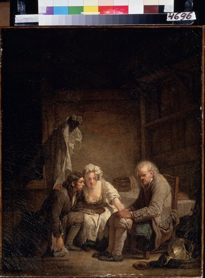 ""The Blind Man Deceives"" (Blind Man Deceived)。 策略、詐欺、誠実さの欠如の被害者である誠実な男性。 1755 年頃のジャン バティスト グルーズ (1725-1805) による絵画。 キャンバスに油彩。 ロココ。 プーシキン美術館、モスクワ 作： Jean Baptiste Greuze