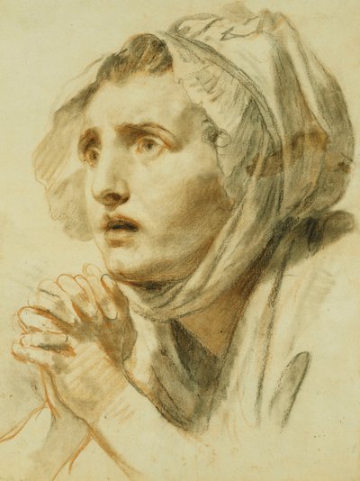 女性のポートレート、バストの長さ、ボンネット、両手で握り、 作： Jean Baptiste Greuze