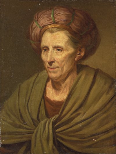 茶色のターバンと緑のショールを着たバスト丈の女性の肖像画 作： Jean Baptiste Greuze