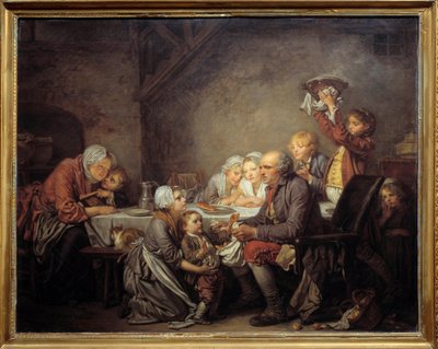 王のケーキ エピファニーの祝宴でケーキを分け合う家族。ジャン・バティスト・グルーズ（1725-1805）による絵画 1774年 日0,72x0,91 m モンペリエ musee Fabre 作： Jean Baptiste Greuze