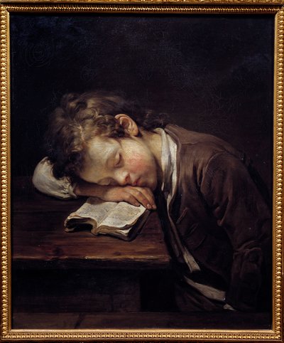 怠け者の小僧。本に袖を通した少年の肖像。ジャン・バティスト・グルーズ（1725-1805）の絵画 作： Jean Baptiste Greuze