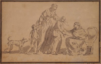 年配の看護師に迎えられた 2 人の子供と母親 作： Jean Baptiste Greuze