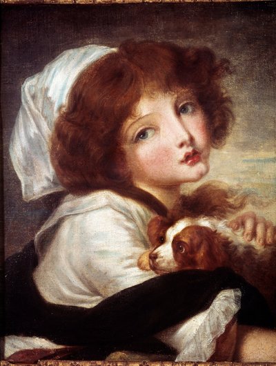 小犬を抱いた少女 ジャン・バティスト・グルーズ（1725-1805）の絵画 18世紀 パリ コニャック美術館 Jay. 作： Jean Baptiste Greuze
