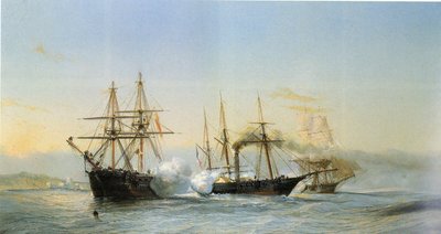 1844年、フランス艦隊によるモガドール爆撃の際、モロッコのブリッグ2隻とフランスのホイール・コルベット1隻がモロッコ沿岸前で行った海戦。 作： Jean Baptiste Henri Durand-Brager