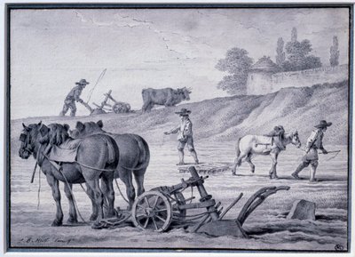 農業：耕す場面。ジャン・バティスト・ヒューエ（1745-1811）による素描 18世紀 パリ、ルーヴル美術館 作： Jean Baptiste Huet