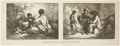 犬と羊を連れた子供たちと焚き火を囲む農民一家 作： Jean Baptiste Huet