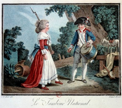 フランス革命。"Le tambour national" 2人の幼い子供が革命家に扮している。ジャン・バティスト・ユエ（1745-1811）によるリトグラフ 18世紀 パリ 装飾美術 作： Jean Baptiste Huet