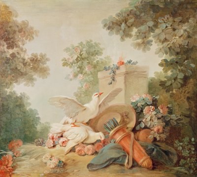ドアの上の版画家Gilles Demarteauのサロン：鳩、矢筒、麦わら帽子、c.1750-65 作： Jean Baptiste Huet