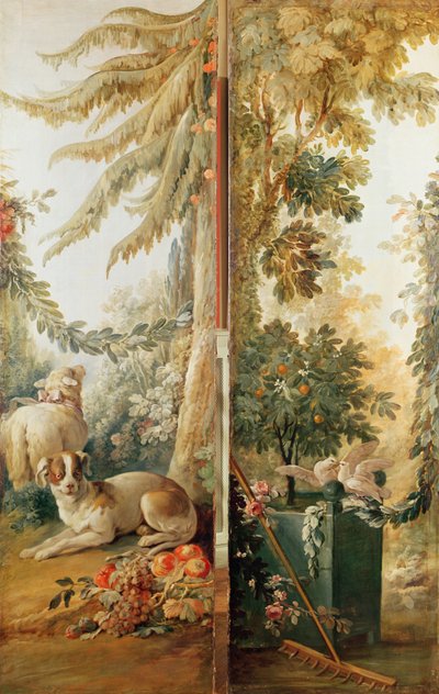 版画家ジル・デマルトーのサロン、2つのパネル1.犬と羊2.鳩をつつくオレンジの木を植えた 作： Jean Baptiste Huet