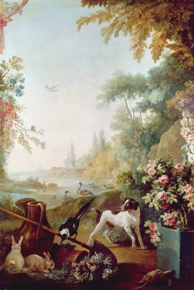 Gilles Demarteau（1722-76）のサロンからの2つのウサギ、カササギと犬 作： Jean Baptiste Huet