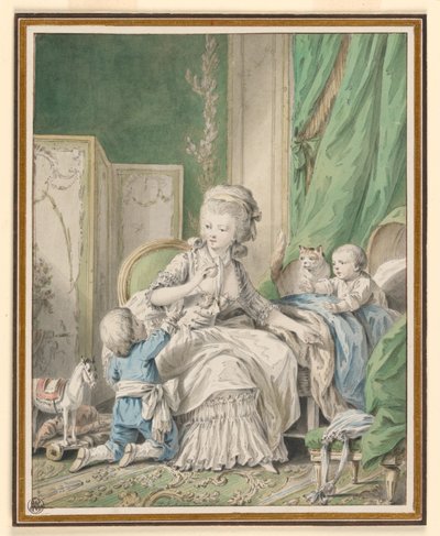 デッサン《ブードワールの母と二人の子供》1782年頃 作： ジャン・バプティスト・ウエト