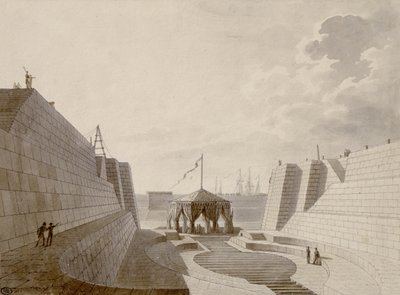 1813年7月、シェルブールの乾ドック（紙にペン、インク、トイレ） 作： Jean Baptiste Isabey