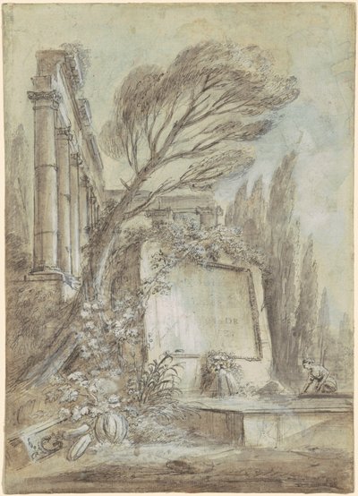 銘板のあるローマ時代の遺跡の建築ファンタジー 作： Jean Baptiste Lallemand