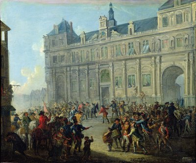 市庁舎の階段でのジャック・ド・フレセル暗殺1789年7月14日 作： Jean Baptiste Lallemand