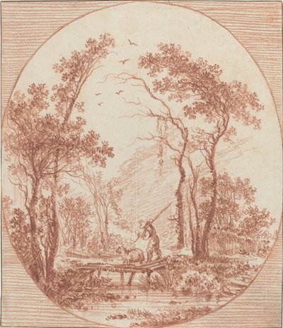 素朴な橋を渡る農夫と羊 作： Jean Baptiste Le Prince