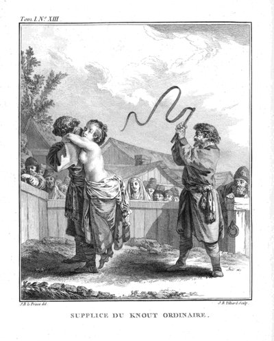 ナタリア・フョードロヴナ・ロプキナの通常のノウハウによる罰。 Voyage enSibérie、1766年より 作： Jean Baptiste Le Prince