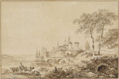 要塞化された町の前の風景の中の羊飼い 作： Jean Baptiste Le Prince