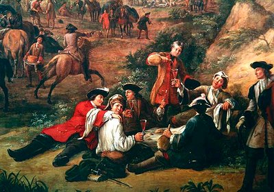 飲酒の兵士のグループ、1719年6月、サンセバスチャンとオンダリビアの間のコンティ王子の本社のビューの詳細（429011の詳細） 作： Jean Baptiste Martin