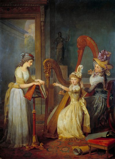 ゲンリス伯爵夫人ステファニー・フェリシテ・デュクレスト・ド・サン・トーバン（通称ゲンリス夫人）（1746-1830）がサン・リュー城でオルレアン公の子供たちにハープのレクチャーをしている様子 ジャン・バティスト・モーゼス（1784-1844）の絵画 19世紀 日2,4 作： Jean Baptiste Mauzaisse