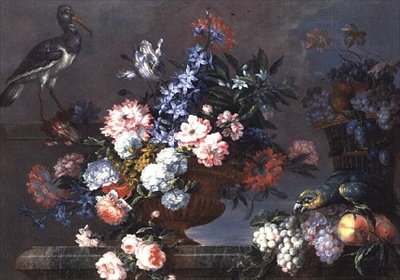 果実と花と鳥の静物画 作： Jean Baptiste Monnoyer