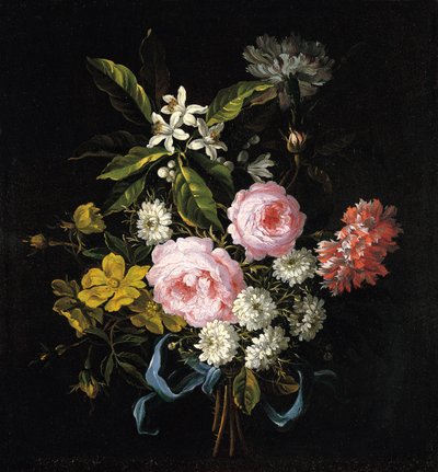 青いリボンで結んだカモミール、バラ、オレンジの花、カーネーションの花束 作： Jean Baptiste Monnoyer