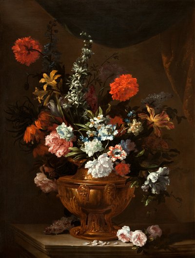 彫刻された花瓶の中の花 作： Jean Baptiste Monnoyer