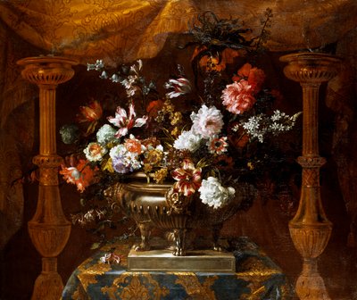 銀製花瓶に入った花と香炉のある静物画 1690-99年頃 （油彩・キャンバス 作： Jean Baptiste Monnoyer