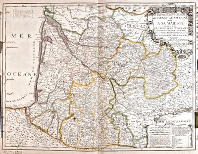 ギュイエンヌとガスコーニュ（フランス南西部）の地図（エングレーヴィング 作： Jean Baptiste Nolin