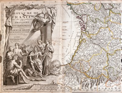 ギュイエンヌとガスコーニュの地図、ルイ14世(1638-1715)の肖像画とそれを取り囲む寓意的な人物たち 作： Jean Baptiste Nolin
