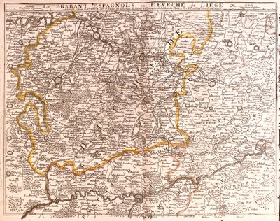 スペイン領ブラバント（フランドルおよびワロン・ブラバント）およびリエージュ教区（ベルギー）の地図（エングレーヴィング 作： Jean Baptiste Nolin