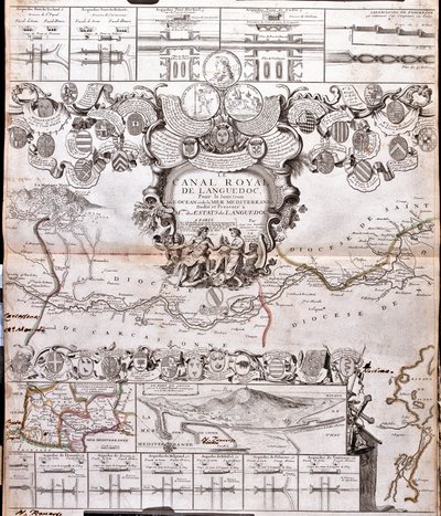 水道橋のあるミディ運河の地図（エングレーヴィング 作： Jean Baptiste Nolin