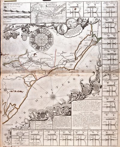 水道橋のあるミディ運河の地図（エングレーヴィング 作： Jean Baptiste Nolin