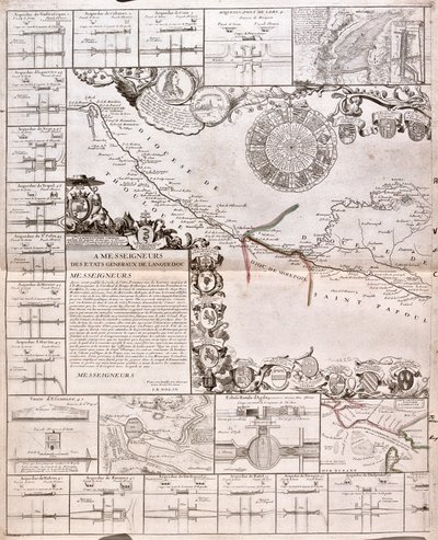 水道橋のあるミディ運河の地図（エングレーヴィング 作： Jean Baptiste Nolin
