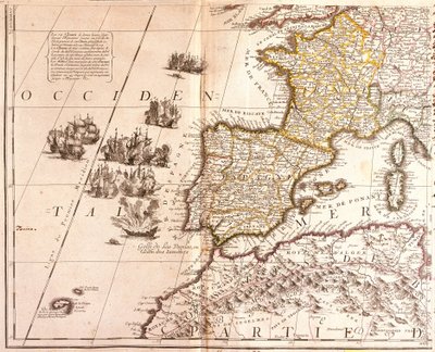 西地中海諸国の地図です。フランス、スペイン、ポルトガル、北アフリカ（モロッコ、アルジェリア、チュニジア）、バレアレス諸島、コルシカ島、サルデーニャ島を含む（エッチング 作： Jean Baptiste Nolin