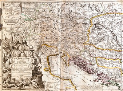 ドイツにおけるドナウ川の流れの地図（エングレービング 作： Jean Baptiste Nolin