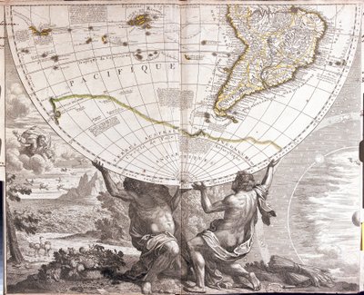 二人の男が地球のゴベを支え、南米の地図を持つ（エッチング 作： Jean Baptiste Nolin