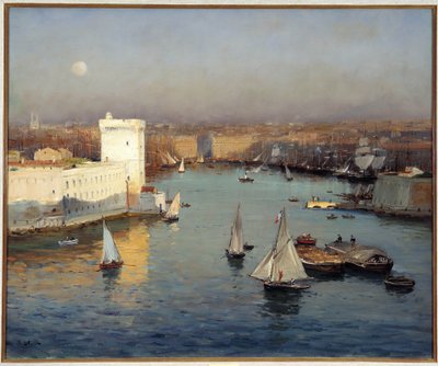 Jean Baptiste Olive (1848-1936) によるファロの絵画からのマルセイユの旧港の眺め。 50x73 cm 必須の言及: コレクション財団は、マルセイユのプロヴァンスに敬意を表します 作： Jean Baptiste Olive
